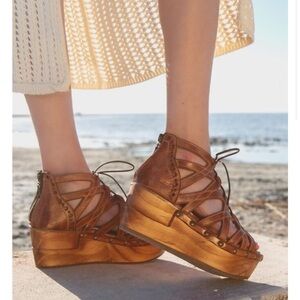 Bed Stu Shirin Brown Distressed Genuine Leather Wooden Lace Up Cutout Shoes NEW
